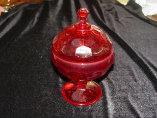 Vintage Viking Glass Honeycomb Candy Dish Ruby Lidded Stemmed 7 1/2 " H
