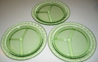Vintage Depression Glass Green Glass Divided Grill Plates (3) Block Optic