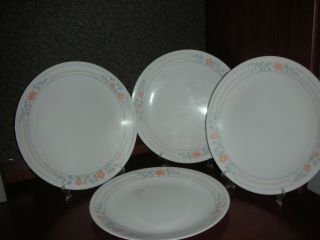 Set Of 4 Corelle Corning Apricot Grove Peach And Blue/gray Dinner Plates 10.  25 "