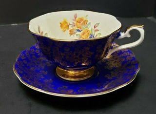 Royal Albert Footed Cup And Saucer Cobalt Blue 24 Kt Gold Decoration