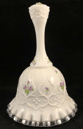 Vtg Fenton Silver Crest Hand Painted Flowers Violets In The Snow Bell Signed