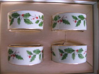 Set Of 4 Lenox Porcelain Christmas Napkin Rings Holly Berry In Orig.  Box