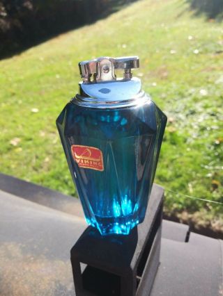 Vintage VIKING GLASS Table Lighter Blue 4 1/2” High 2