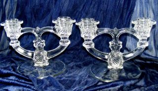 2) Indiana Glass Double Clear Glass Candle Holders Etched Floral Base