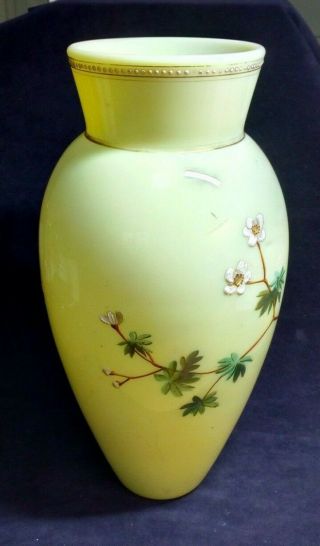 ANTIQUE ' Bohemian ' YELLOW MILK GLASS VASE with Hand Painted Floral Branches 2