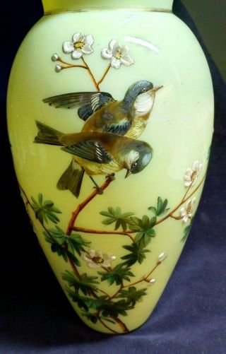 ANTIQUE ' Bohemian ' YELLOW MILK GLASS VASE with Hand Painted Floral Branches 3