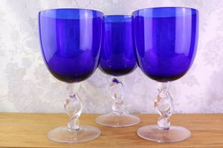 3 Water Goblets Plain Cobalt Blue Bowl Clear Thick Twisted Stem 7.  5 " Wine Glass