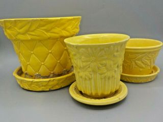 3 Vintage Mccoy Usa Pottery Flower Pots W/saucers Quilted Leaves Daisy Etc
