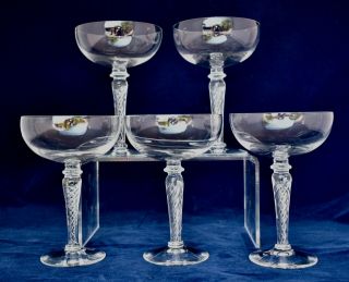 Elegant Set Of 5 Vintage Air Twist Stem Crystal Champagne Coupes 150ml/15.  3cm