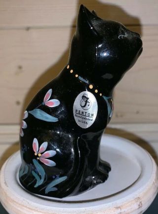 Fenton Art Glass Black Cat With Hand Painted Flowers Artist Signed