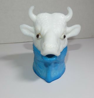 Antique Milk Glass Bull Steer Cow Head Mustard Covered Dish Blue And White