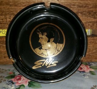 Vintage Elvis Presley Black Ceramic Ashtray Gold Trim Made In Japan 4.  5 "