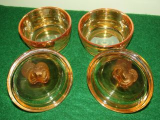2 Jeannette Glass POODLE Powder Box Marigold Carnival Glass 4