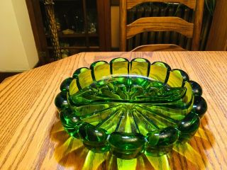 8 " Vintage Viking Art Glass Ashtray Green 1134 Mid Century Ribbed Scalloped