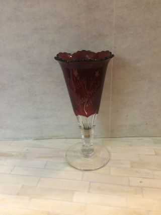 Antique Ruby Red Clear Glass Souvenir Vase Merry Christmas 1902.  Name On Back.