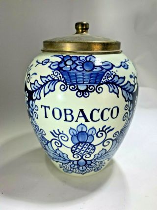Antique Delft Blue Hand Painted Holland Tobacco Humidor Porcelain Jar Vase