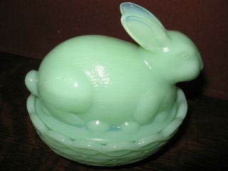 Jadeite Green Milk Glass Bunny Rabbit On Nest Basket Butter Dish Easter Egg Jade