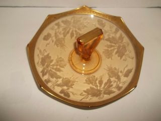 Vintage Art Deco Depression Glass Etched Hibiscus Gold Leaf Tidbit Tray Handle