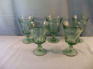 Set Of 5 Fostoria Jamestown Green Glass Water Footed Tumblers Goblets Glasses