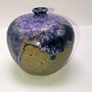 Studio Art Pottery Weed Pot MCM Vase Signed Earth Tones Purple Drip 2