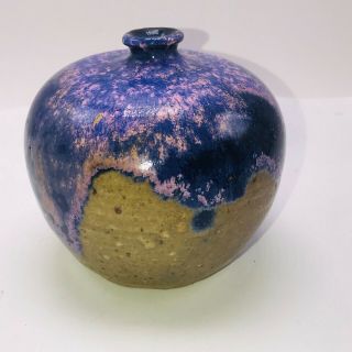 Studio Art Pottery Weed Pot MCM Vase Signed Earth Tones Purple Drip 7