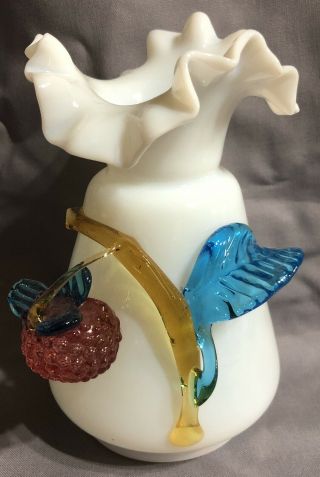 Victorian Bohemian Art Glass Vase With Berry And Leaves