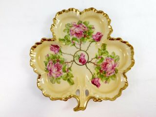 Vintage Royal Rudolstadt Prussia Shamrock Dish Porcelain Pink Roses Gold Trim