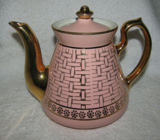 Vintage Hall China Philadelphia Gold Label Pink Basket Weave Teapot 6 Cup