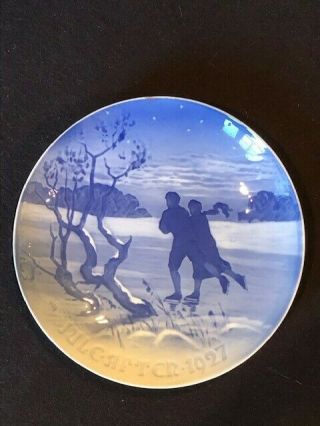 Copenhagen Denmark 1927 Blue White Plate " The Skating Couple On The Ice Pond "