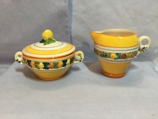 Vintage Della Robbia Style Majolica Creamer & Sugar Bowl Set Italian Art Pottery