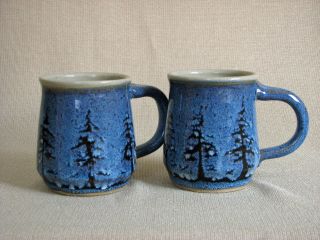 Potterybydave - Set Of 2 - B Mugs - Blue With Pine Trees Design