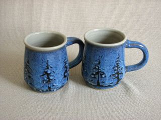 potterybydave - SET OF 2 - B MUGS - BLUE WITH PINE TREES DESIGN 2