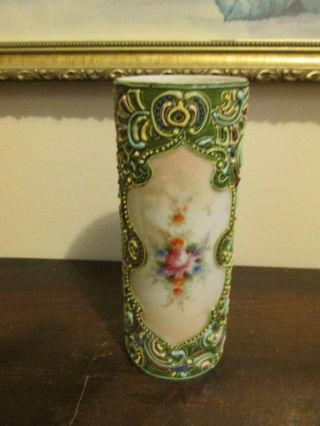 Nippon Porcelain Hand Painted Bud Vase Moriage Green Roses Flowers