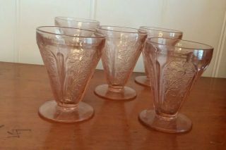 5 Vintage Pink Cherry Blossom 3 3/4” Footed Tumblers Depression Glass