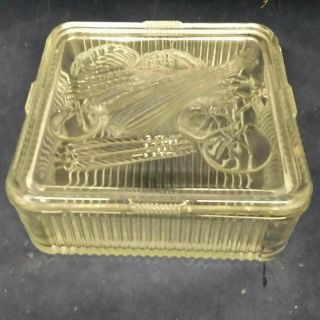 Vintage Federal Clear Ribbed Glass Refrigerator Dish/lid/vegetables Motif 8” Sq