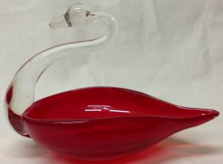 Murano Ruby Red Art Glass Crystal Neck Handled Candy Dish W Pontil Swan Bowl