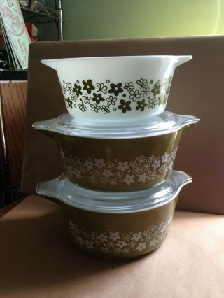 3 Vtg Pyrex Spring Blossom Green Casserole Dishes & 2 Lids 474 475 Made In Usa