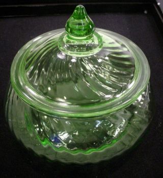 Green Depression Uranium Vaseline Glass Candy Dish Swirl Spiral