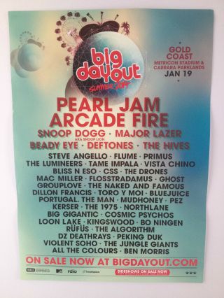 Big Day Out 2014 Promo Poster A2 Pearl Jam Arcade Fire Flume Gold Coast Only