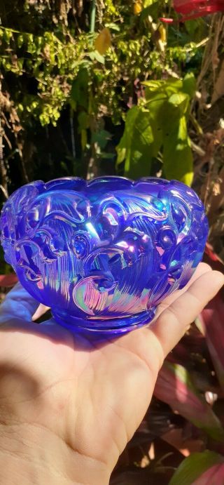 Fenton Lily Of The Valley Cobalt Blue Iridescent Carnival Glass Bowl