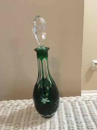 Emerald Green Cut To Clear Antique Bohemian Czech Glass Decanter With Stopper.