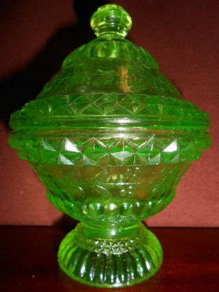 Green Vaseline Glass Wildflower Pattern Covered Candy Dish / Butter Uranium Bowl