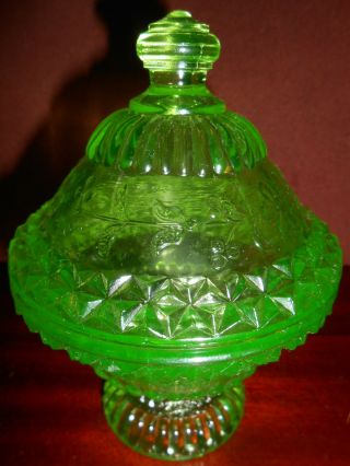 Green Vaseline glass wildflower pattern Covered Candy dish / butter uranium bowl 4