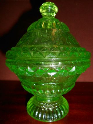 Green Vaseline glass wildflower pattern Covered Candy dish / butter uranium bowl 5