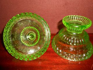 Green Vaseline glass wildflower pattern Covered Candy dish / butter uranium bowl 7