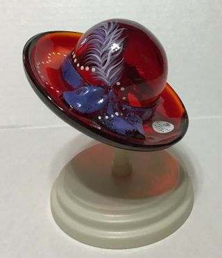 Fenton Art Glass Red Hat Hand Painted Signed Sticker Logo