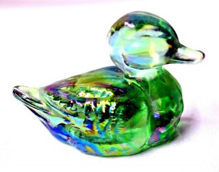Fenton Art Glass Miniature Duck Iridescent Green 2 3/8 "