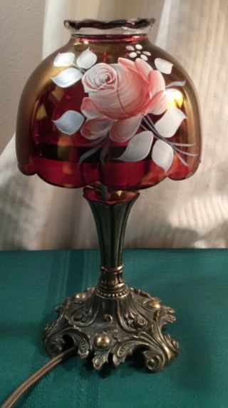 Vintage Westmoreland? Ruby Red Glass Electric Lamp Hand Painted Rose Signed