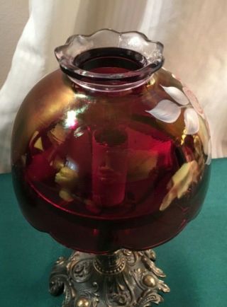 VINTAGE Westmoreland? RUBY RED GLASS ELECTRIC LAMP Hand painted Rose Signed 3