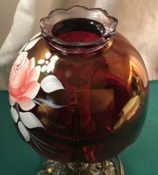 VINTAGE Westmoreland? RUBY RED GLASS ELECTRIC LAMP Hand painted Rose Signed 5